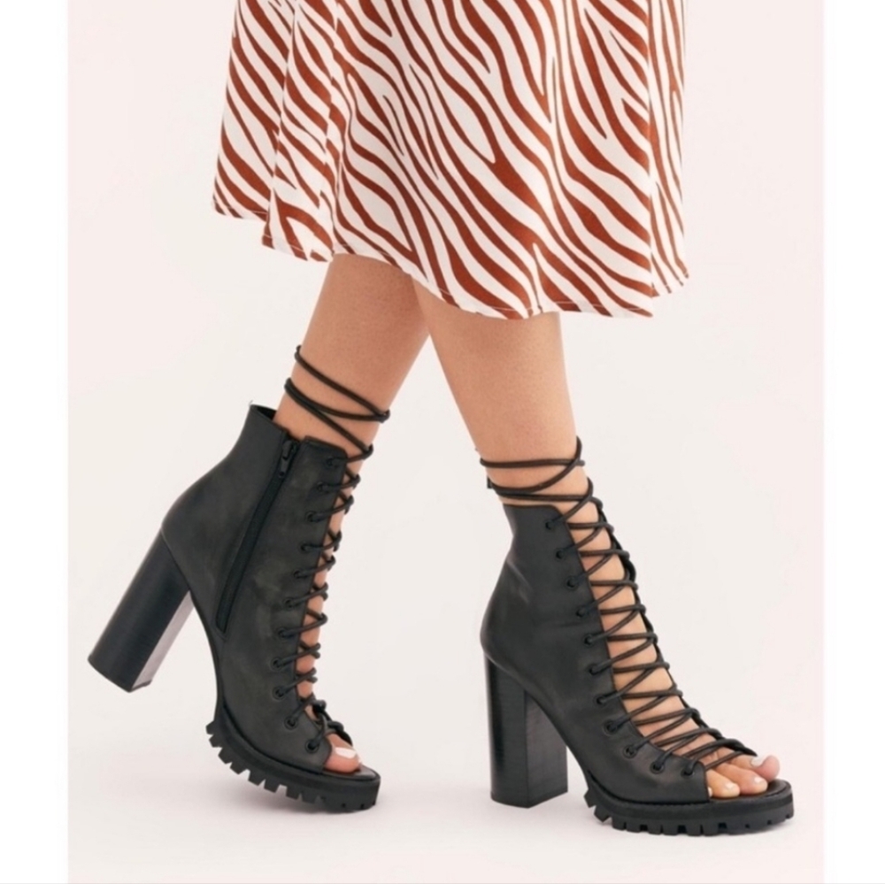 Jeffrey Campbell x Free People Palermo Black Lace-Up Open-Toe Boots